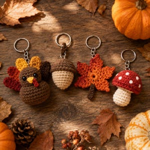 Pode incluir: Quatro porta-chaves de croché com temas de outono: um peru castanho com penas coloridas, uma bolota bege com chapéu castanho, uma folha de ácer laranja e um cogumelo vermelho com pintas brancas. Cada item está preso a um anel de metal prateado.