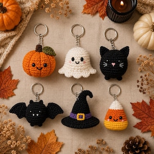 Halloween Crochet Keychain Pattern Bundle PDF| Pumpkin, Ghost, Cat, Bat, Witch Hat| Instant Download