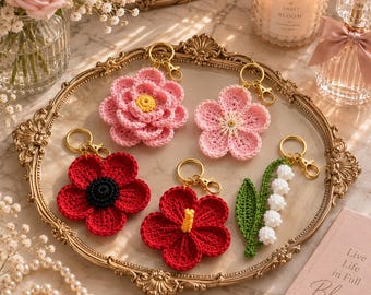 Crochet Flower Keychain Bundle Pattern PDF | 5-in-1  Amigurumi Plush Bag Charm (Digital Download)