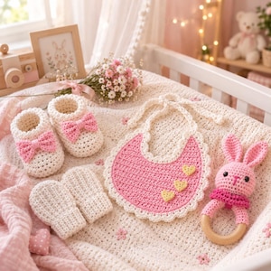 Pode incluir: Um conjunto de artigos de bebé em croché nas cores creme e rosa, incluindo um par de botinhas com laços cor-de-rosa, um par de luvas, um babete com três pequenos corações amarelos e rebordo recortado, e um chocalho de coelho rosa com argola de madeira.
