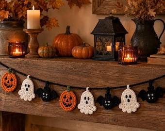May include: A Halloween garland featuring crocheted orange pumpkins, white ghosts, and black bats strung along a black yarn cord. The decorative piece displays alternating figures of smiling jack-o'-lanterns, wide-eyed ghosts, and winged bats.
