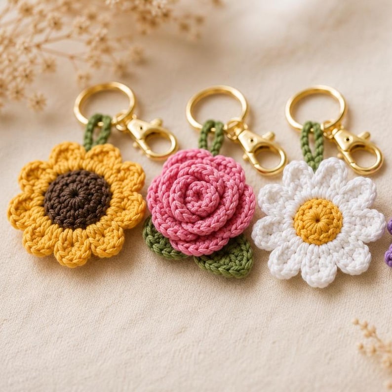 May include: Three crochet flower keychains featuring a yellow sunflower with a brown center, a pink rose with green leaves, and a white daisy with a yellow center. Each keychain includes a gold-toned metal ring and a lobster clasp attachment.