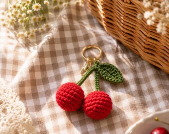 Crochet Cherry Bag Charm Pattern PDF | Beginner Amigurumi Plush Fruit Keychain | Instant Download