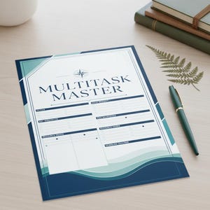 May include: A rectangular project planner sheet titled Multitask Master in dark blue text with a compass icon. The layout features sections for active projects, key milestones, resource needs, and a deadline tracker, accented by teal and blue waves.