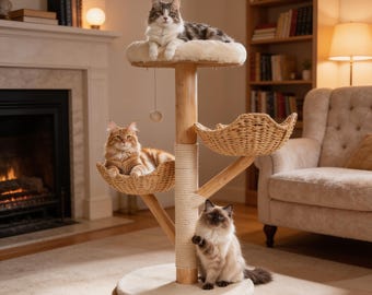 Modern Cat Tree Furniture – Stylish 3-Level Cat Climbing Tower With Natural Wood Design for Indoor Cats and Kittens
