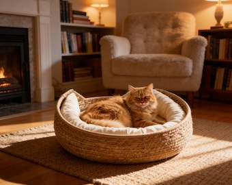 Handwoven Cat Bed Natural Fiber Cozy Nest Indoor Cat House Modern Boho Style Pet Bed Cat Cushion Gift for Cat Lovers