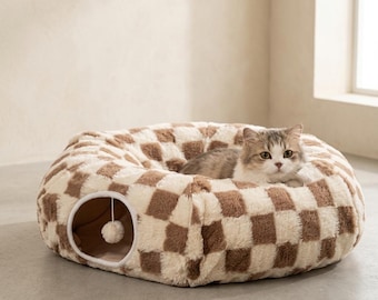 Plush Cat Tunnel Bed | Cozy Donut Cave Hideaway for Cats Kittens