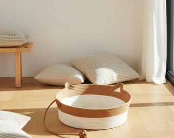 Cat Bed Basket Natural Cotton Rope Cozy Cat Scratcher Interactive Pet Toy Handmade Cat Nest Indoor Decor Gift