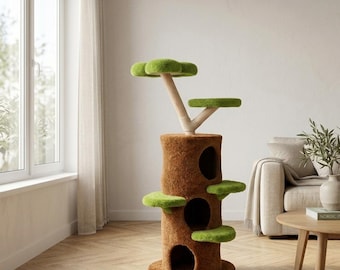 Natural Tree Cat Tower | Leaf Platforms, Multi Condo Hideouts, Indoor Climbing Furniture