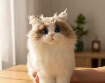Realistic Maine Coon Plush Cat 16.5 Inch | Handmade Fluffy Fake Cat Stuffed Animal | Soft Lifelike Kitten Toy Home Decor & Gift