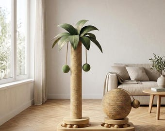 Coconut Tree Cat Scratcher & Play Tower | Solid Wood Sisal Cat Activity Tree with Hanging Balls | Space-Saving Cat Furniture
