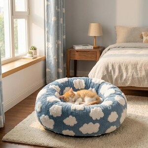 May include: A round, plush pet bed featuring a blue background with a white cloud pattern. A small orange and white kitten is curled up and sleeping in the center of the soft, circular bed, which is placed on a light-colored rug in a bedroom.