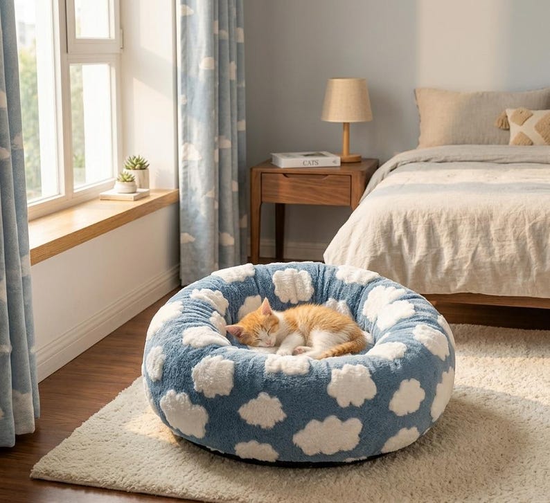 May include: A round, plush pet bed featuring a blue background with a white cloud pattern. A small orange and white kitten is curled up and sleeping in the center of the soft, circular bed, which is placed on a light-colored rug in a bedroom.
