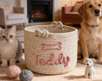 Personalized pet toy basket – custom woven storage basket with name, toy organizer for dog or cat, pet gift basket.