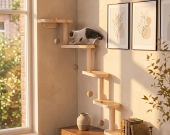 Wooden Cat Wall Ladder, 5-Step Climbing Furniture, Modern Indoor Playground Shelves