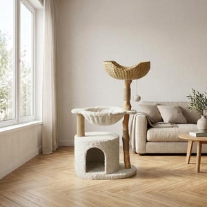 Könnte beinhalten: Ein mehrstufiger Katzenbaum mit einer weiß plüschbezogenen Basis, einer runden geschlossenen Höhle, einer mittleren Plattform mit einer weichen weißen Hängematte und einem oberen Sitzplatz aus geflochtener Naturfaser, gestützt durch einen Holzstamm.