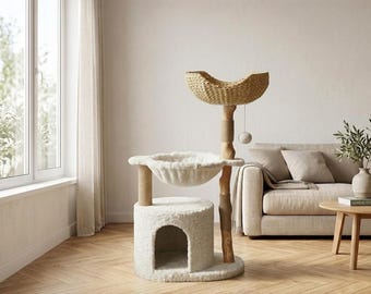 Modern Wooden Cat Tree with Wicker Basket & Sisal Scratching Posts | Luxury Indoor Cat Tower for Large Cats | Boho Cat Furniture