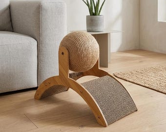 2-in-1 Cat Scratching Ball Toy with Sisal Scratcher Board | Wooden Interactive Cat Scratcher for Indoor Cats | Natural Cat Furniture