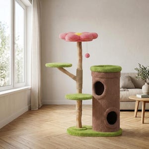 Peut inclure: Un arbre à chat avec une base en forme de tronc brun texturé dotée de deux ouvertures circulaires et surmontée d'une plateforme verte. Un poteau central en bois avec du sisal soutient deux plateformes vertes et un perchoir en forme de fleur rose.
