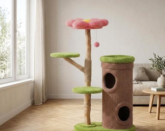 Natural Wood Cat Tree Tower | Flower Perch, Multi-Level Cat Furniture, Forest Theme
