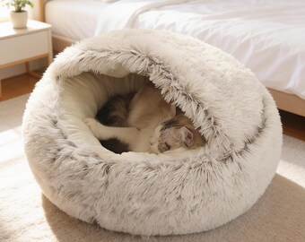 Round Plush Pet Bed with Cover for Cats & Small Dogs | Soft Warm 2-in-1 Sleeping Nest Cushion | Cozy Fluffy Pet Mattress