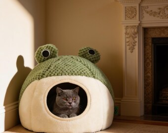 Frog Shaped Cat Bed Plush Nest Cozy Semi-Closed Pet Furniture Large Size Indoor Sleeping Pad Cute Cat Dog Bed