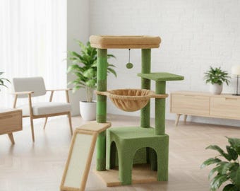 Cat Tower Cat Furniture Cat Tree Indoor Small Cat Tree With Condo Scratching Posts Cozy Hammock Ladder Natural Wood