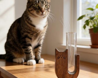 Cat Whisker Keepsake Box Wooden Cat Memorial Holder with Glass Tube | Cat Hair Storage & Mini Vase Magnetic Cat Memory Gift