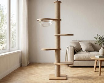 Adjustable Floor-to-Ceiling Cat Tree Tower | Multi-Level Cat Condo with Scratching Post | Modern Wooden Cat Furniture for Large Cats