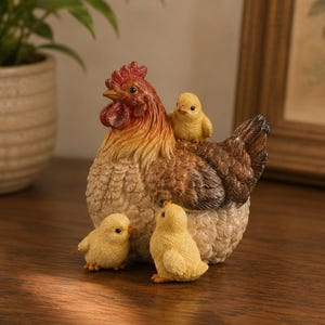Puede incluir: Una figura decorativa que muestra una gallina grande de color marrón y crema con una cresta y barbillas de color rojo brillante. La gallina está acompañada por tres pollitos amarillos pequeños y esponjosos, uno sobre su espalda y dos en la base.