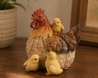 Realistic Resin Chicken Family Figurine Set - Lifelike Rooster, Hen & Chicks Sculptures for Outdoor Garden and Courtyard Decor
