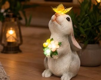 Solar Outdoor Decorative Rabbit Statue with Butterfly Lights - Cute Waterproof Bunny Figurine, Yard Art Garden Landscape Decor Gift