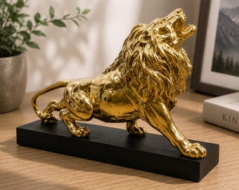 Golden Resin Lion King Statue - Crowned Regal Lion Sculpture, Luxury Home Office Desktop & Living Room Decor Accessory