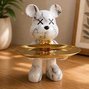 Figurine ornement ours graffiti 21 cm - Statue animal moderne avec plateau de rangement, cadeau street art sculpture ours décoration de table
