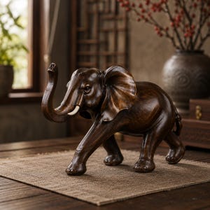 May include: A dark brown elephant figurine with a smooth, polished finish. The elephant is depicted in a walking stance with its trunk raised upward and one white tusk visible. The sculpture features detailed ear folds and textured skin.