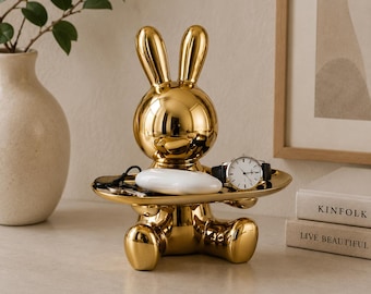 Ceramic Rabbit Key Storage Ornament - Whimsical Bunny Figurine Candy Tray, Entryway Living Room Desktop Organizer