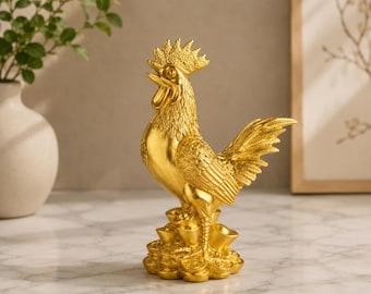 Golden Resin Rooster Statue - Gold-Plated Lucky Cock Figurine, Chinese Feng Shui Wealth Decoration for Living Room & TV Cabinet