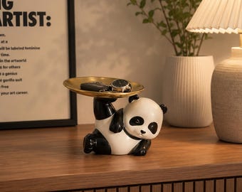 Cute Panda Storage Tray Ornament - Resin Animal Statue, Key & Candy Desktop Organizer for Living Room Table Decor, Housewarming Gift