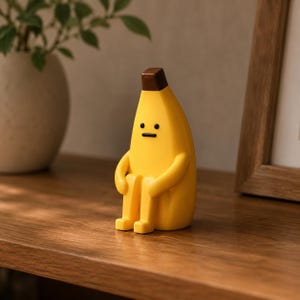 Pode incluir: Uma estatueta em forma de banana amarela com a ponta do caule castanha, apresentando um rosto simples com dois olhos em ponto preto e uma linha horizontal reta para a boca. A figura está representada numa posição sentada com os braços nos joelhos.