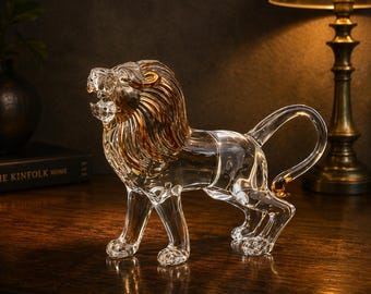 Crystal Lion Figurine Collectible - Blown Painted Glass Art, Handmade Wildlife Animal Sculpture & Desktop Paperweight Gift