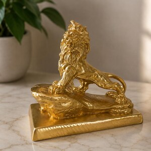 Golden Chinese Lions Statues - Feng Shui Guardian Lion Sculptures, Traditional Foo Dog Dragon Figurines for Home Office Wealth Decor