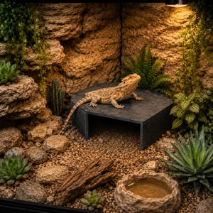 May include: A bearded dragon lizard rests on a dark gray, flat-topped stone platform inside a terrarium. The enclosure features a textured rock wall, scattered brown pebbles, various green succulents, a piece of driftwood, and a water bowl.