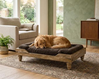 Elevated Wooden Dog Bed with Soft Brown Cushion, Raised Pet Lounge