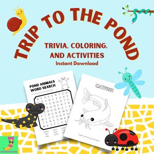 Può includere: Un set di fogli di attività digitali intitolato TRIP TO THE POND TRIVIA, COLORING, AND ACTIVITIES. Include un cruciverba con animali dello stagno e una pagina da colorare con un pesce gatto, decorato con illustrazioni di una lumaca, un serpente, una libellula e una coccinella.