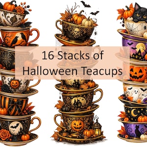 Puede incluir: Tres pilas verticales de tazas de té decorativas con temas de Halloween, incluyendo calabazas, gatos negros, fantasmas, murciélagos y casas encantadas. El texto 16 Stacks of Halloween Teacups está centrado sobre la imagen.