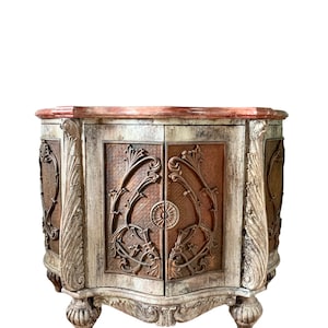 Wine bar liquor cabinet, faux marble top, rustic western tuscany style, stone and iron patina