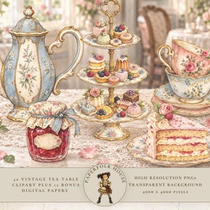 Puede incluir: Un conjunto de ilustraciones digitales que incluye una tetera azul y blanca con motivos florales, un soporte de tres niveles con pasteles, dos tazas de té apiladas, un tarro de mermelada roja y una porción de pastel en un plato floral.