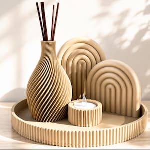 Conjunto de difusor em arco, bandeja minimalista, suporte para varetas, decoração moderna e neutra.