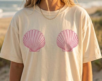 Mermaid Seashell T-Shirt | Pink Shell Bikini Tee | Beach Cover Up | Summer Vacation Shirt | Comfort Colors Beach Tee | Bachelorette Party