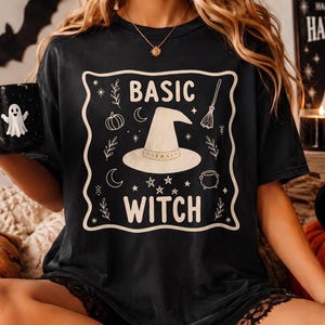 Enkel häxtröja, Halloween-häxtröja, Halloween-t-shirt i bekväma färger, söt läskig säsongströja, häxig hösttröja med grafisk design